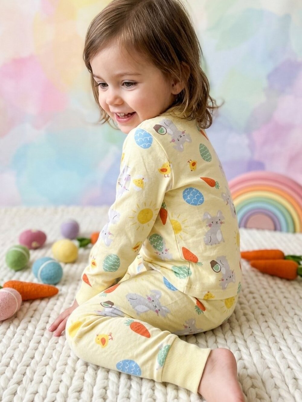 Vibrant Easter Bunny & Sun Print Pajama Set - Yellow Easter PJs
